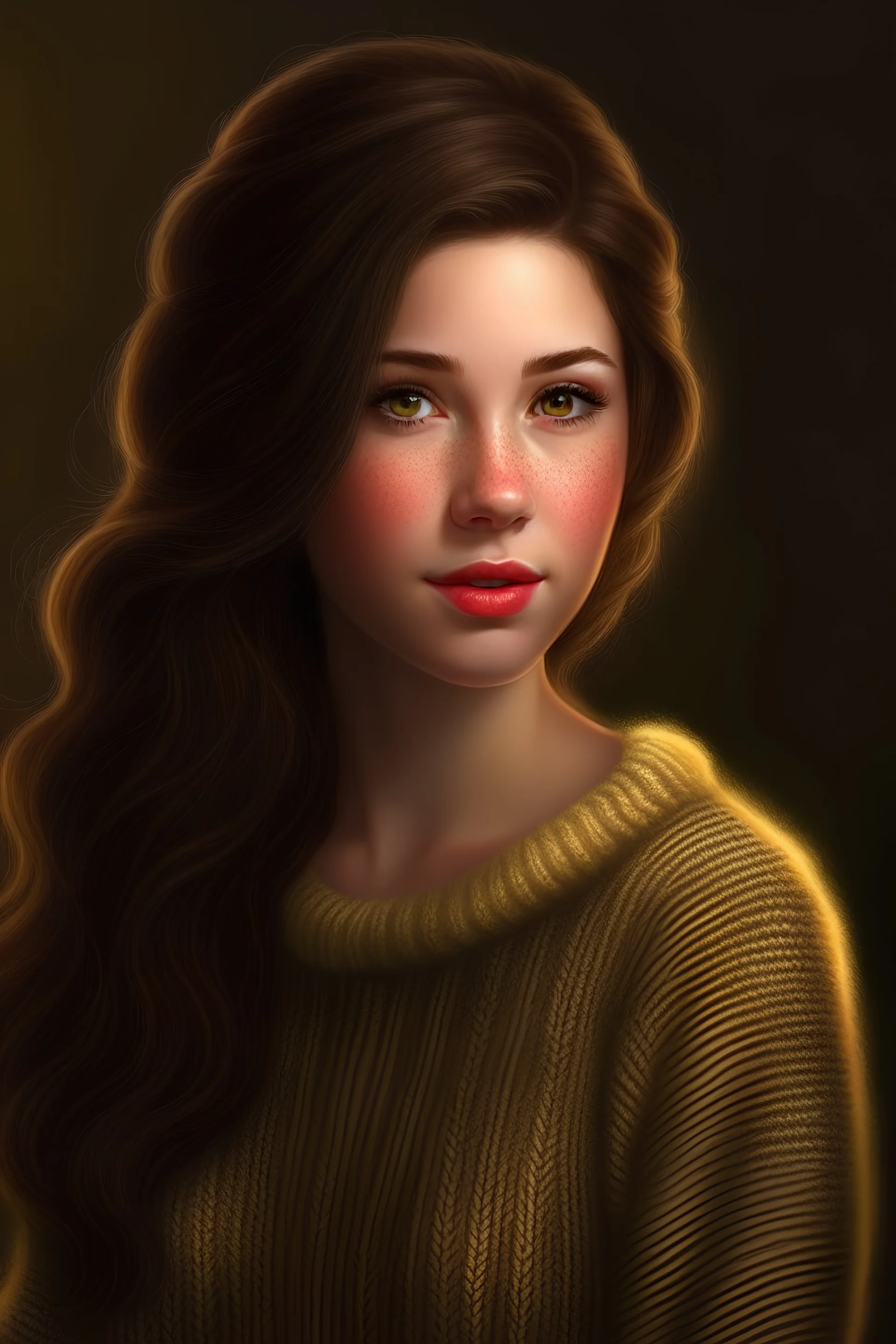 Create a lifelike image of an enchanting woman with her golden dark brown hair . She emanates elegance in a cozy, knitted sweater that snugly embraces her figure.