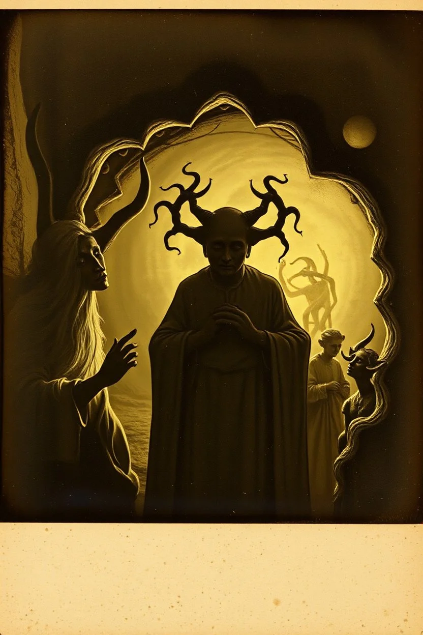 Daguerrotype close up some mysterious figures, odd background, Hieronymus Bosch Max Ernst ambient light, by Minicavio Quollati and Marlost Endgulp, Amano, Botticelli, Alphonse Mucha