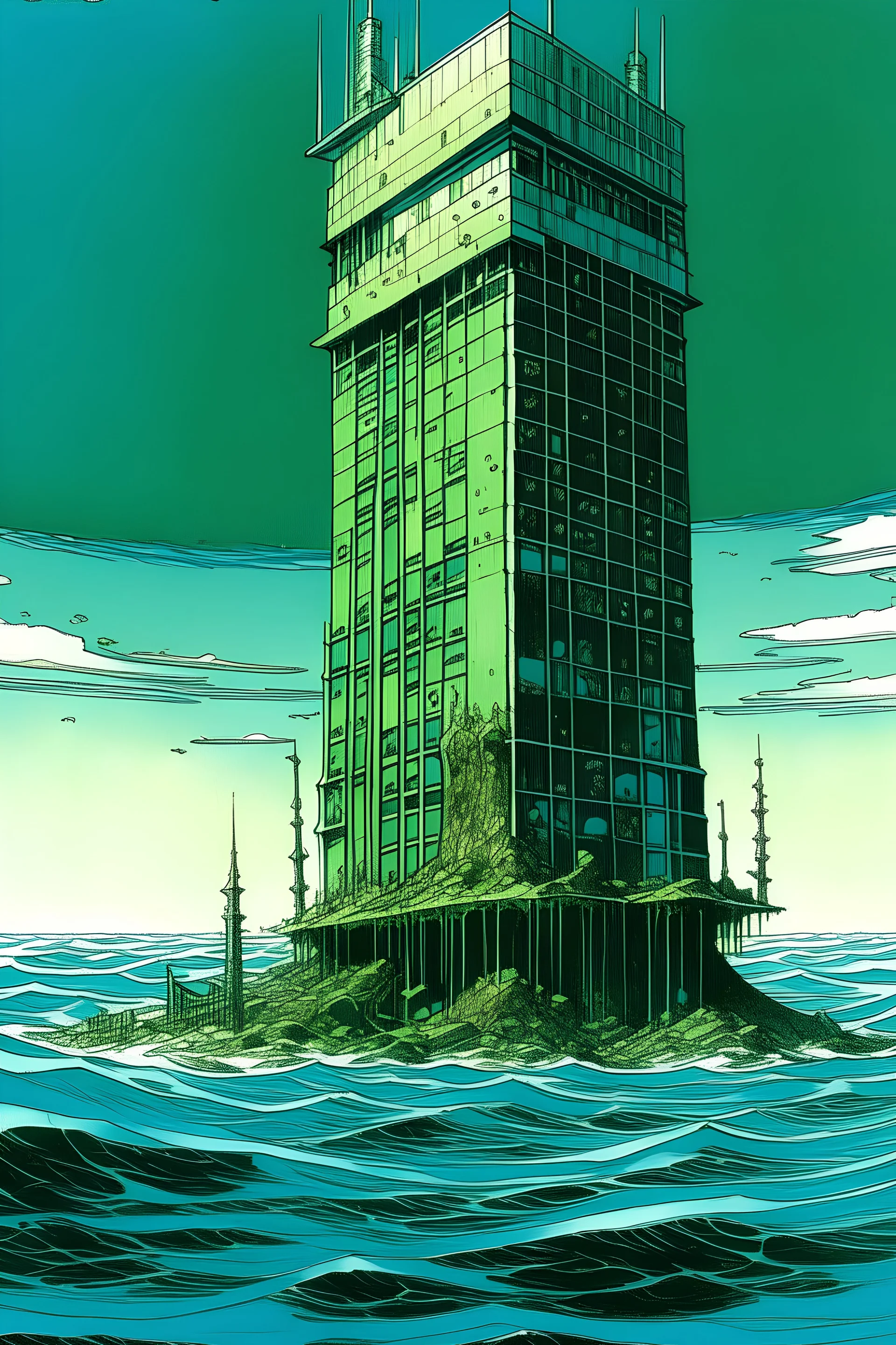 a futuristic skyscraper submerged in the ocean, drawn by Jean Giraud