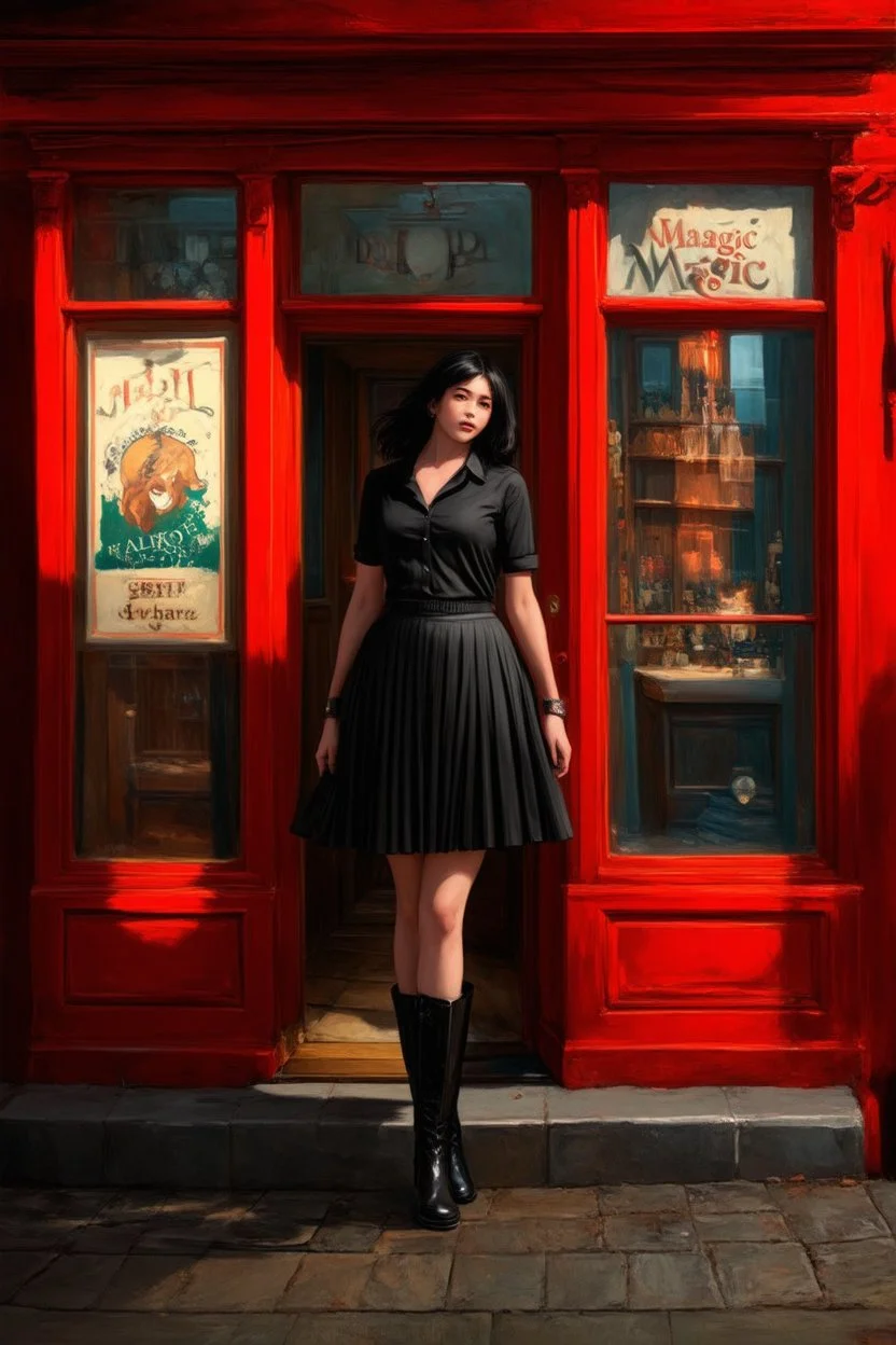 Photorealistic image of a young woman with dark hair, in a black ankle length skirt, boots and shirt, standing outside an old magic shop front with large red painted multi-paned picture windows on either side of a multi-paned doorway.