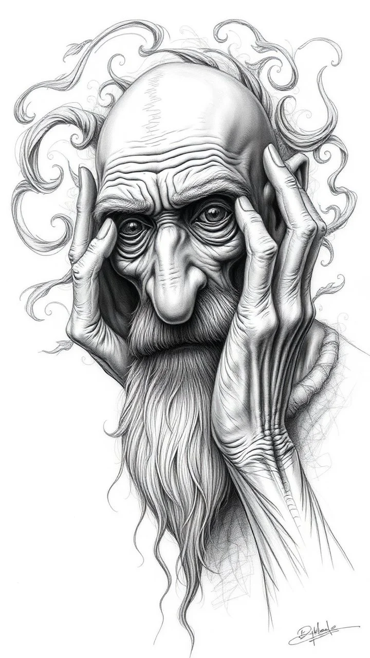 ππ§π€π’π₯π© highly detailed graphite illustration, A surreal elderly figure with exaggerated anatomical features, heavily wrinkled skin, and an intense, contemplative expression. bald head, thick eyebrows, long beard merge into swirling abstract shapes. Large, expressive hands, one covering the mouth and the other gripping the forehead tensely. Mysterious, introspective, dreamlike, somewhat dark fantasy. #ππ§πart #prompt