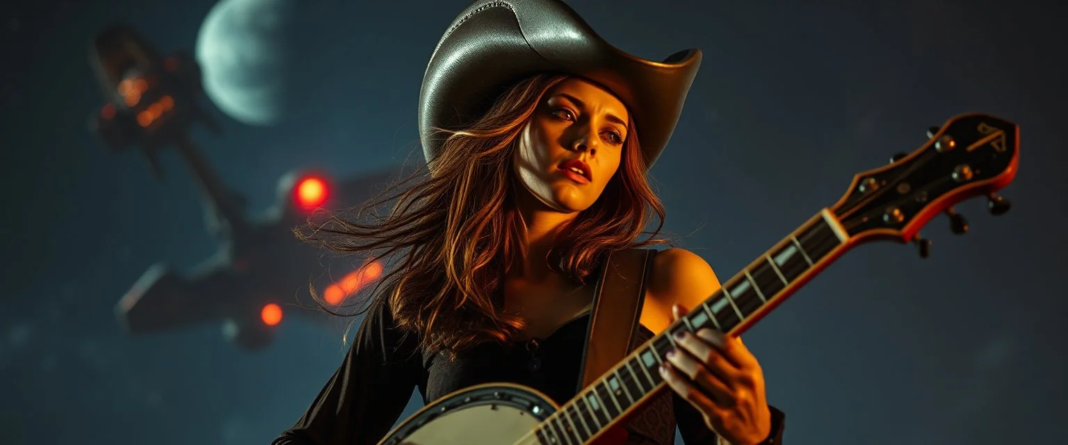 good night alien hill billy boss woman with a banjo In the style of Rembrandt,Background blur. Movie poster. Wild look. seen above, with a space ship beside her