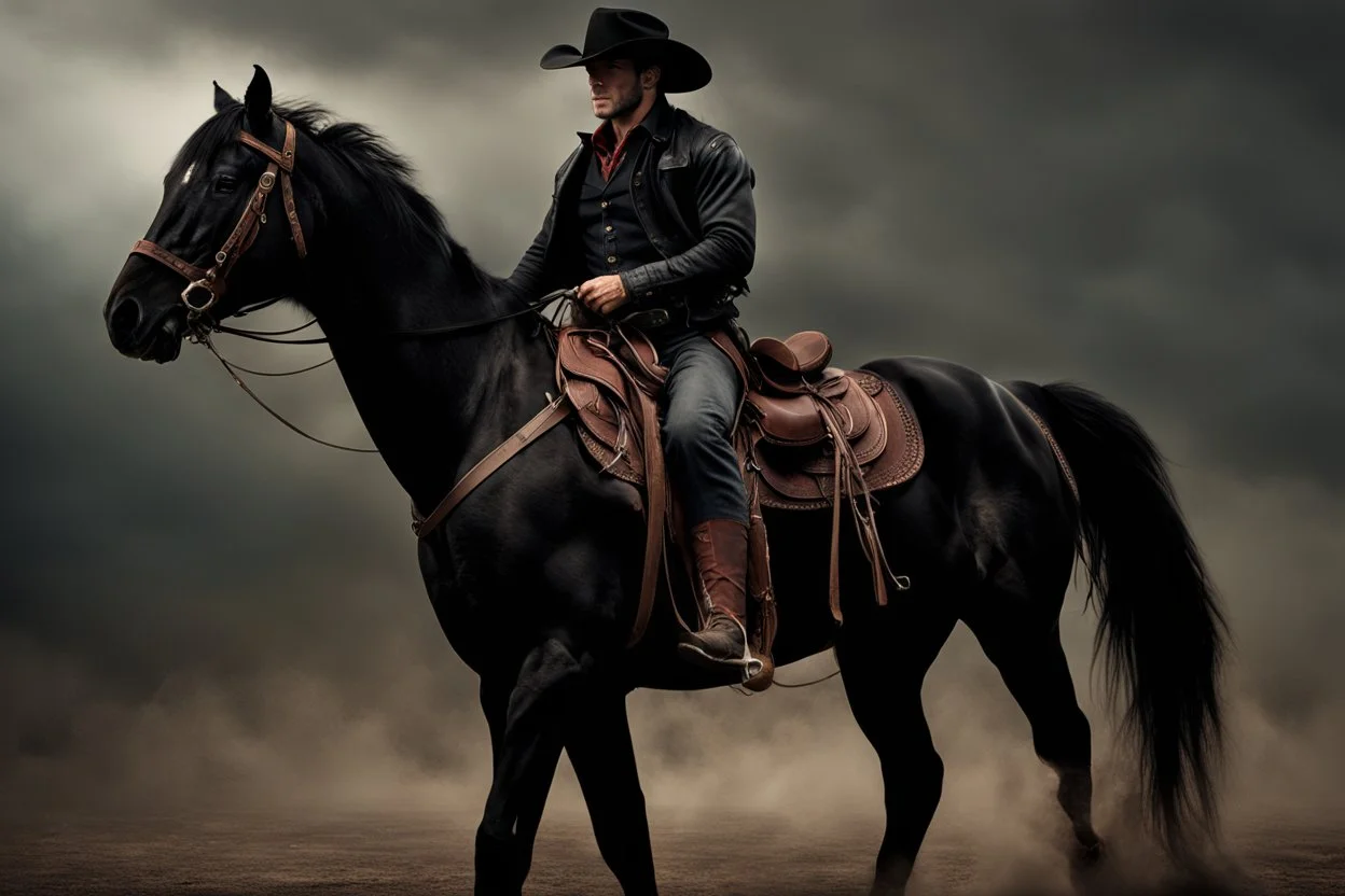 Young rough and rugged muscular cowboy riding a black horse photorealistic