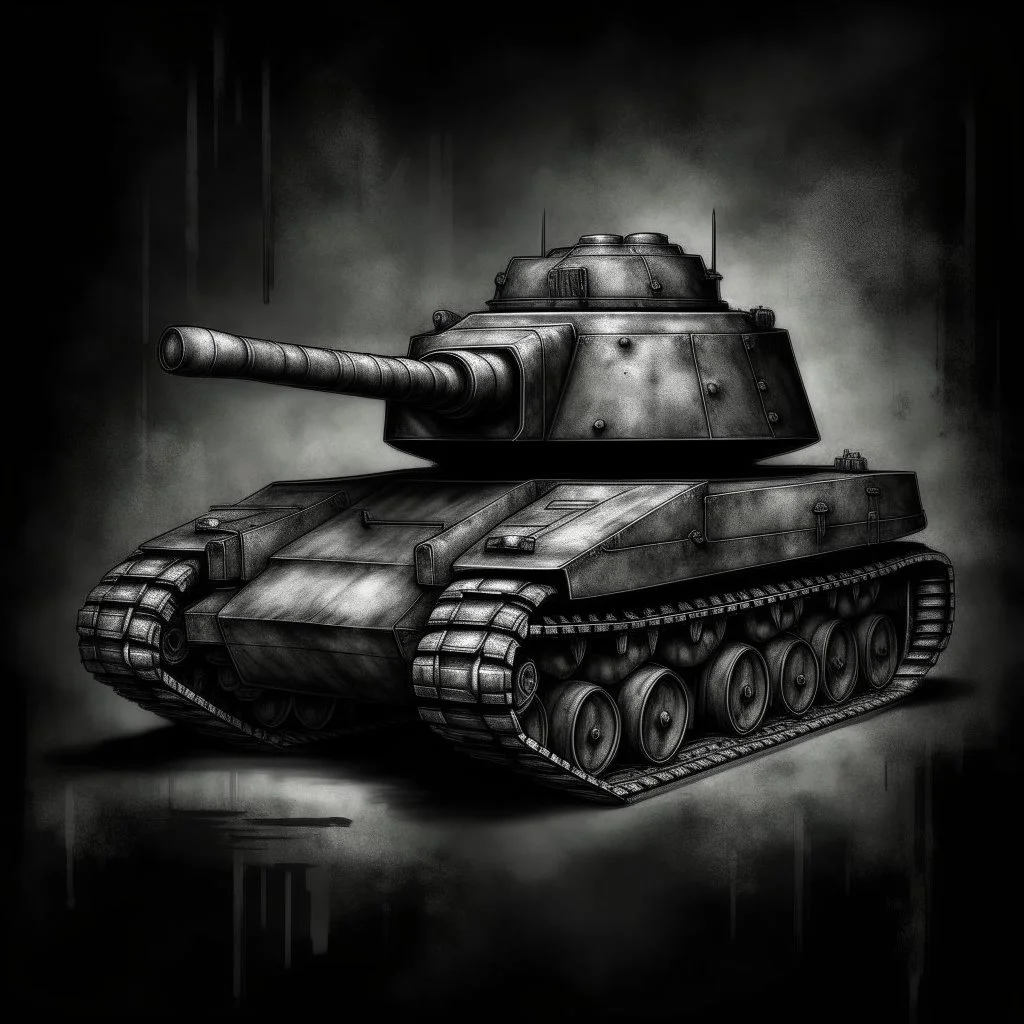 An old American army tank a side view , Hyper Realistic Aerial Grungy Dark-Grey Brush strokes on a dark rustic background with charcoals
