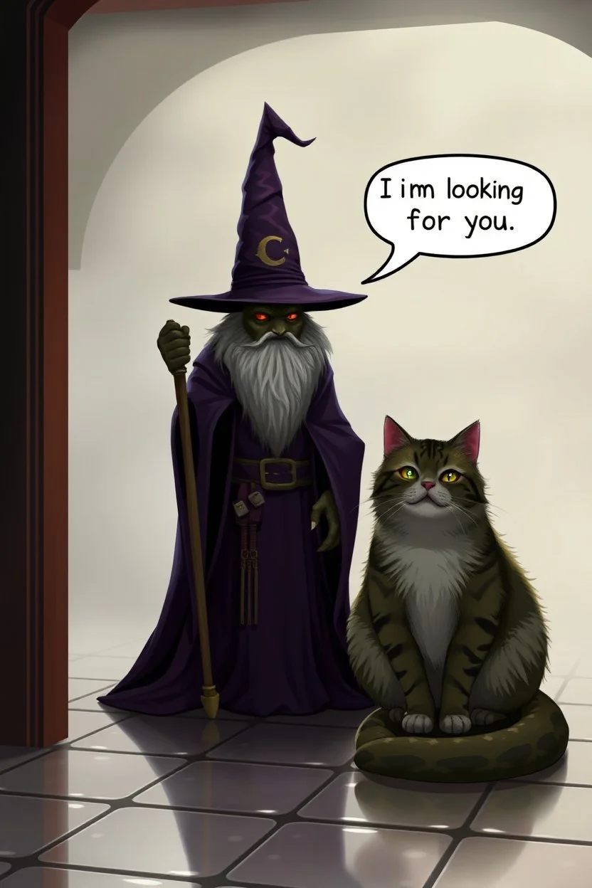 Wizard,snakebat and fat cat, add some fucking realism with no mutants, and a foggy background, and shiny tiled floor, and speechbubble saying "I am looking for you."