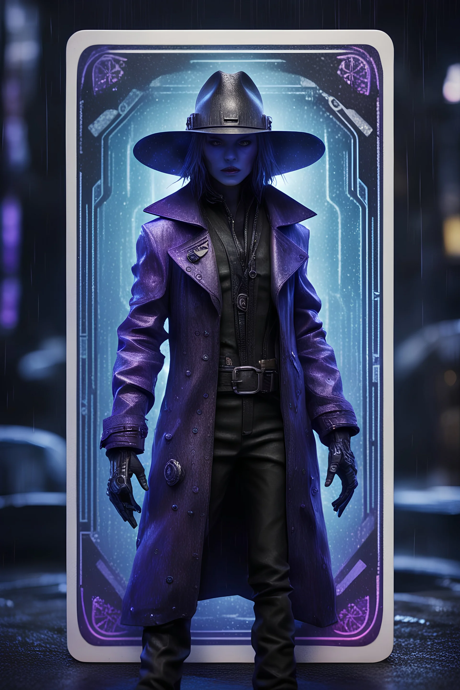 sacred geometry framed playing card, black, blue and purple noen cyber punk dancer thief in soaked rain coat and cowboy hat shadows boss card in the style of Giger and fallout 4 ,,bokeh like f/0.8, tilt-shift lens 8k, high detail, smooth render, down-light, unreal engine