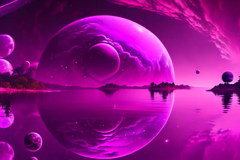 fushsia sky, planet in the sky, lake, sci-fi, mountains, galactic cosmic influence