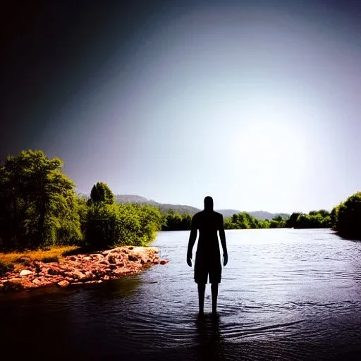 dark man shadow float in sky. scared people. river. river rock . valley . night