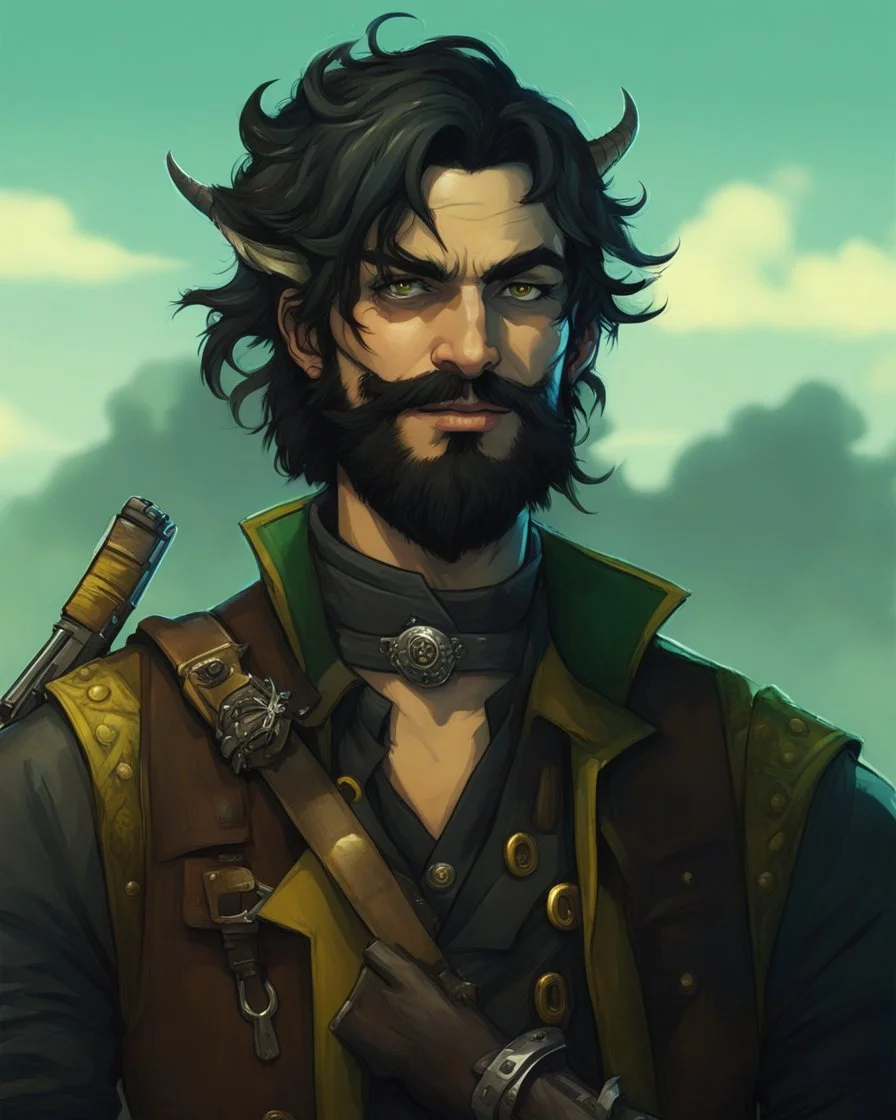 fantasy demon tiefling horned, small ram horns, pale skin, gray skin, rogue scoundrel happy go lucky, cheeky smirk, winking, gunslinger pirate pistol, pirate gear, yellow shining cat eyes, black neck length hair, short black beard, green jacket, leather ammo belt, braided goatee