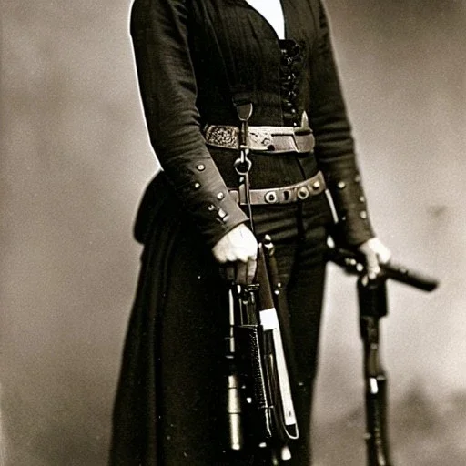 sepia portrait of female mexican outlaw wearing holster with guns on waist, bandolier belts with rows of bullets criss-cross chest, long black wavy hair, beautiful face, 1800s, 8k, high-quality, ultra-fine detail, Brian Froud, Howard Lyon, Alfredo Rodriguez, Jack Sorenson, G. Harvey, Annie Stokes, Lilyan Tashman, Lousie Klement, Greg Rutowski