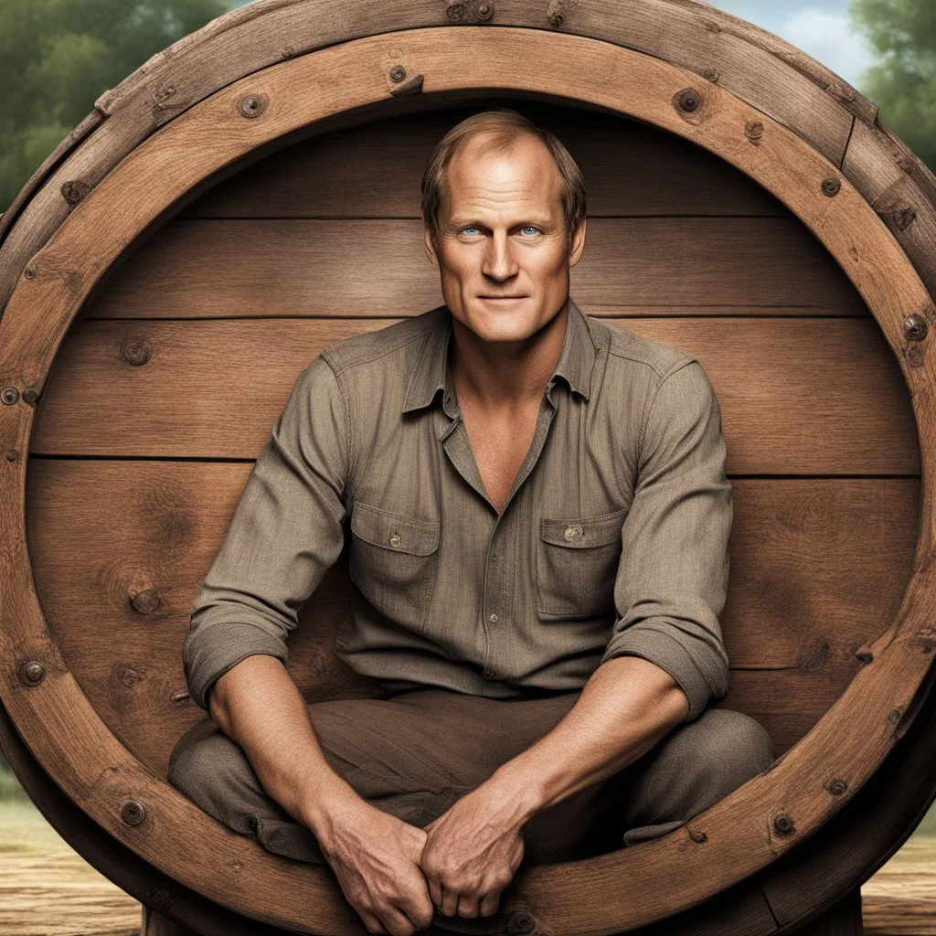 Woody Harrelson with a smug expression in an oaken wooden barrel, dramatic, photorealism, cannon camera, 64k, looks like young Woody Harrelson, natural lighting, canon lens, shot on dslr 64 megapixels sharp focus, good hands!!, ultra realistic!