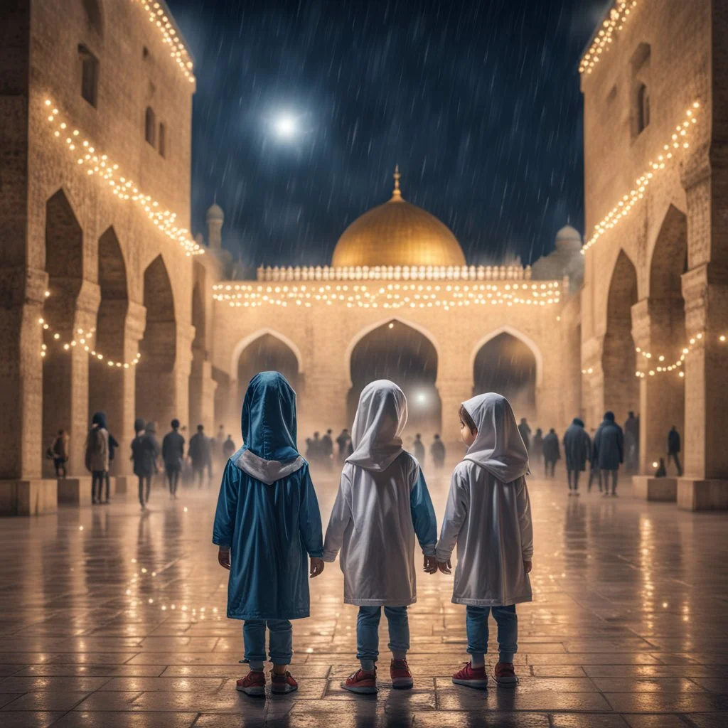 Hyper Realistic Children in Al-Aqsa Mosque with garland lights decorations at Rainy Night