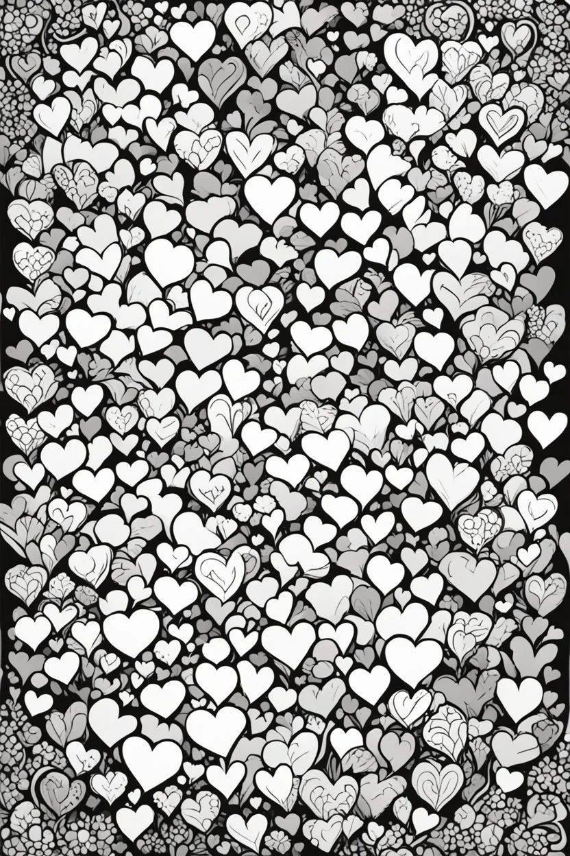 create a coloring page of a bunch of hearts over the page, black and white
