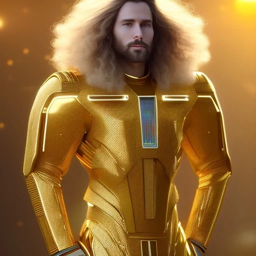 beautiful cosmic golden male, long hair, nice smiling, delicate colors, beautiful glamour galactic golden dress, ultra sharp focus, 8k, unreal engine 5, extremely sharp detail, light effect, soft light atmosphere of a spaceship, smooth, full of details, face in front, complete vision of face and body