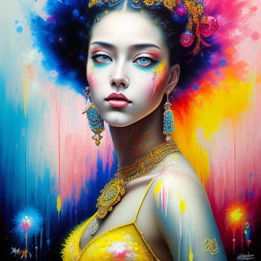 iv_a painting of a young woman, figurative art, an acrylic detailed painting, , brush strokes, paint drips and drabs and splatters by Harumi Hironaka, turquoise pink and yellow, james terrell art, trending on artstation, soft lines,intricate art by bastien lecouffe deharme and greg rutkowski