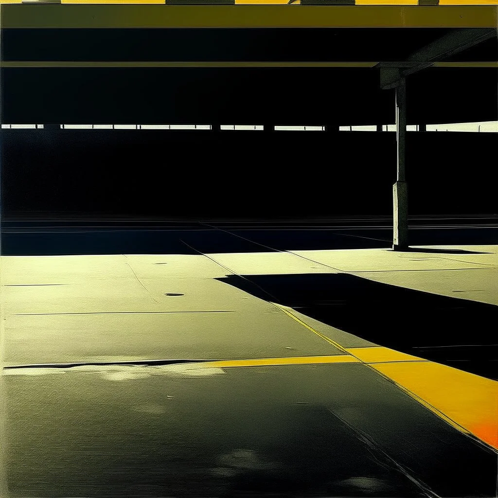 Minimal contemporary abstract photo of a concrete desolate 1960s carpark. In the style of Justin Mortimer and Francis Bacon. road markings on tarmac.