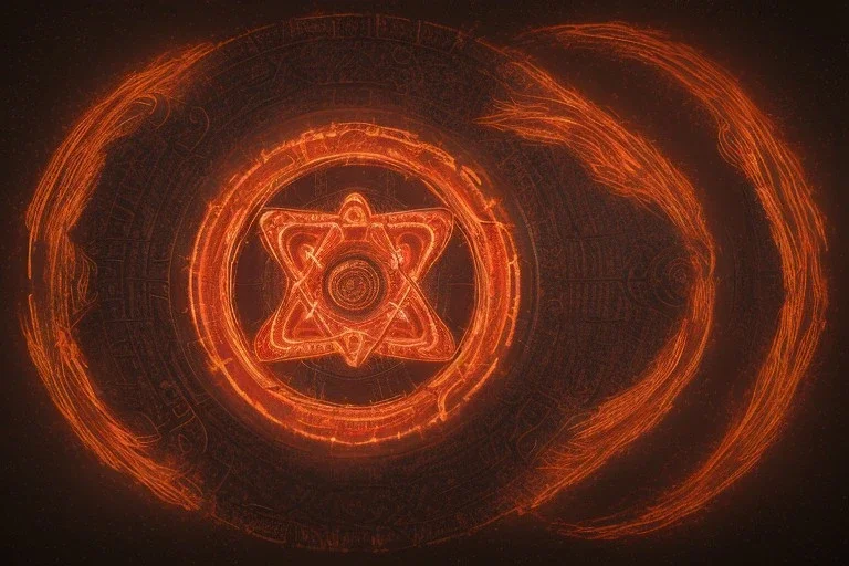 a fiery wheel with 100 eyes floating above the ground, a laser beam pentagram floating above the ground, celtic knot bronze floating, golden ratio, spring time, mushrooms, 8k, flickering light, centered, high-quality, fine-detail, digital art, detailed matte, volumetric lighting, illustration, 3D octane render