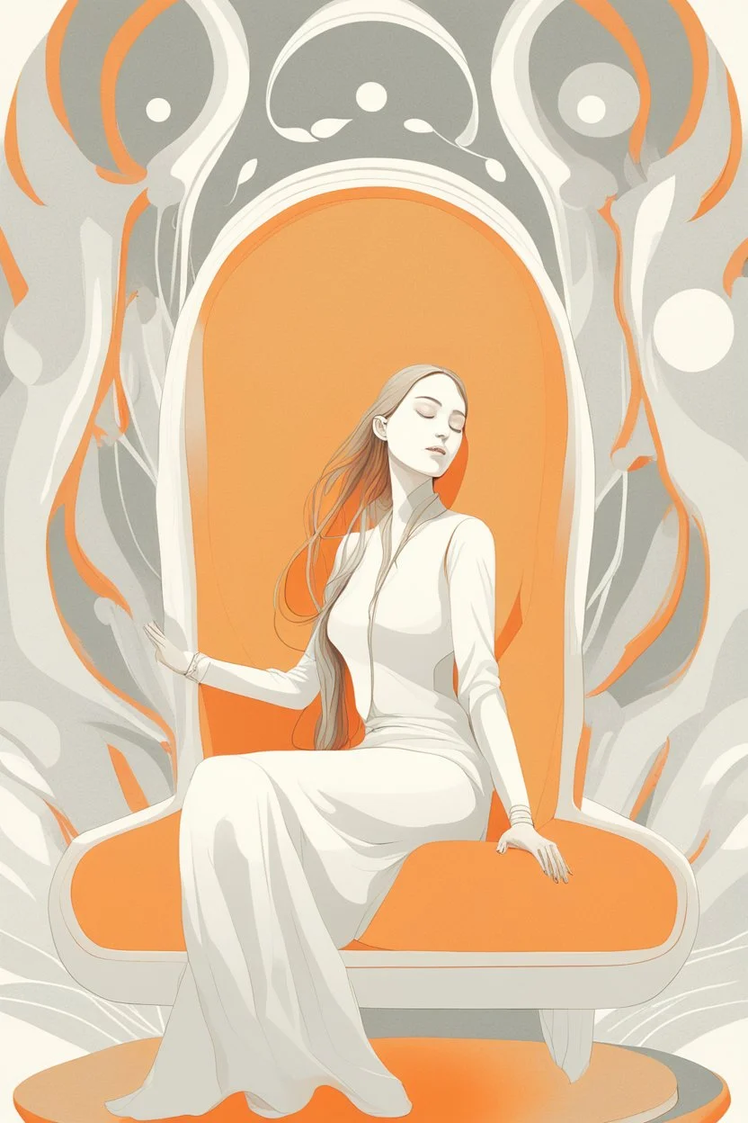 An ethereal, futuristic illustration of a woman in a state of musical immersion, with her eyes closed and a serene expression. She sits in a living chair that is alive with organic shapes and glowing orange elements, ready to embrace her. The background is soft and surreal, contributing to the otherworldly mood.