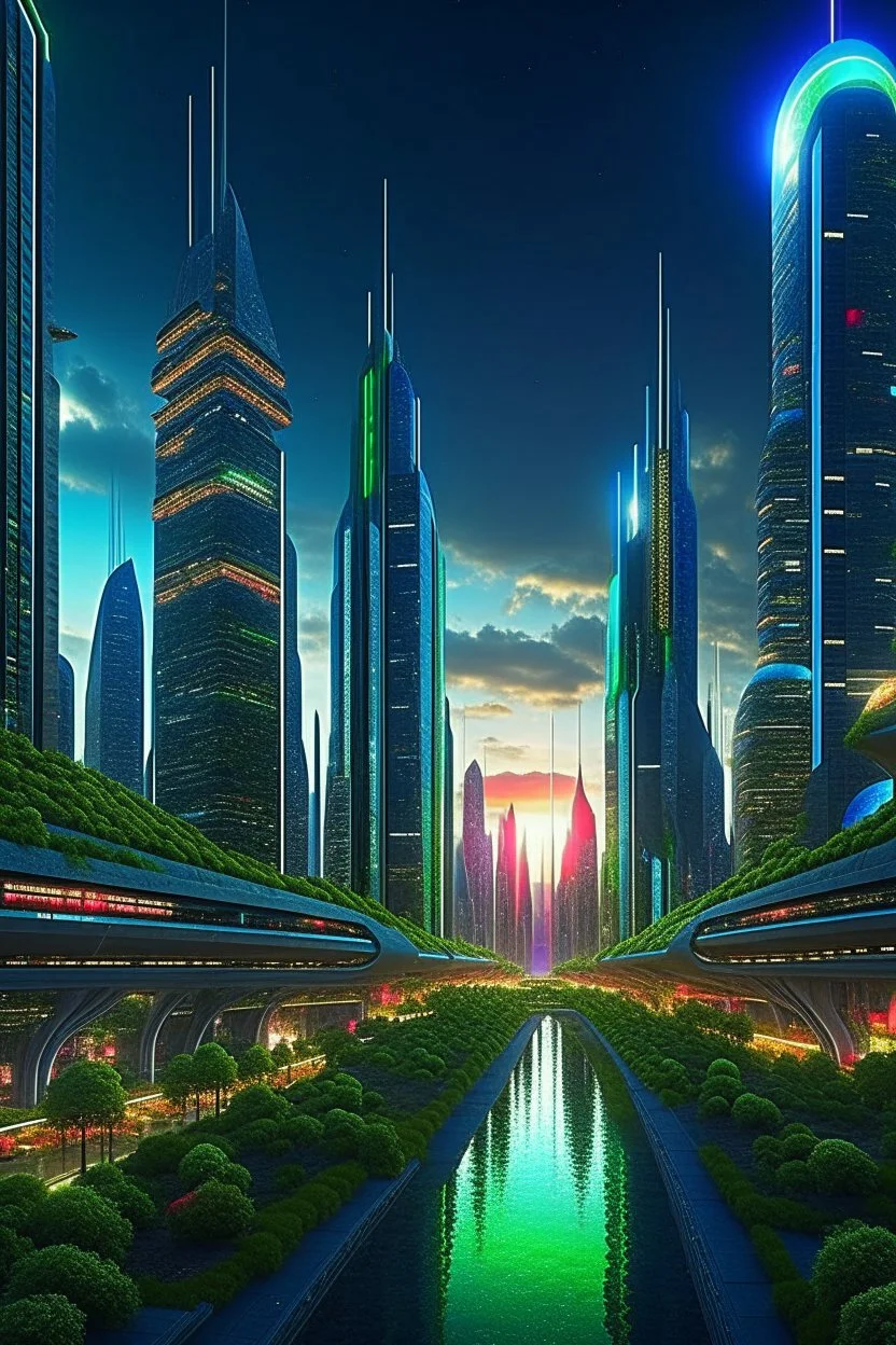 Create a vibrant and bustling metropolis of the future, where advanced technology meets architectural wonders. The city should exude a sense of energy, progress, and innovation. Incorporate towering skyscrapers with sleek designs, illuminated with neon lights and holographic displays. Populate the cityscape with flying vehicles, bustling crowds, and hints of greenery seamlessly integrated into the urban environment. Let the colors be bold and vibrant, 1400x240 pixels