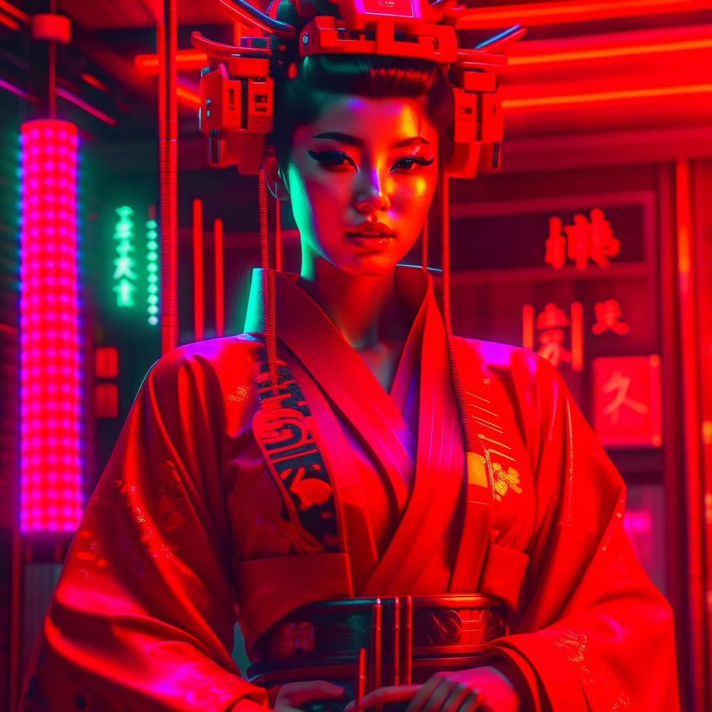 A beautiful cyberpunk samurai in a futuristic red 8K kimono