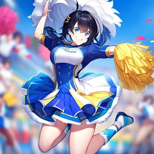 Clear focus,High resolution, Black short fluffy hair, and blue eyes, wearing a cheerleader outfit, smiling, jumping, hands in air