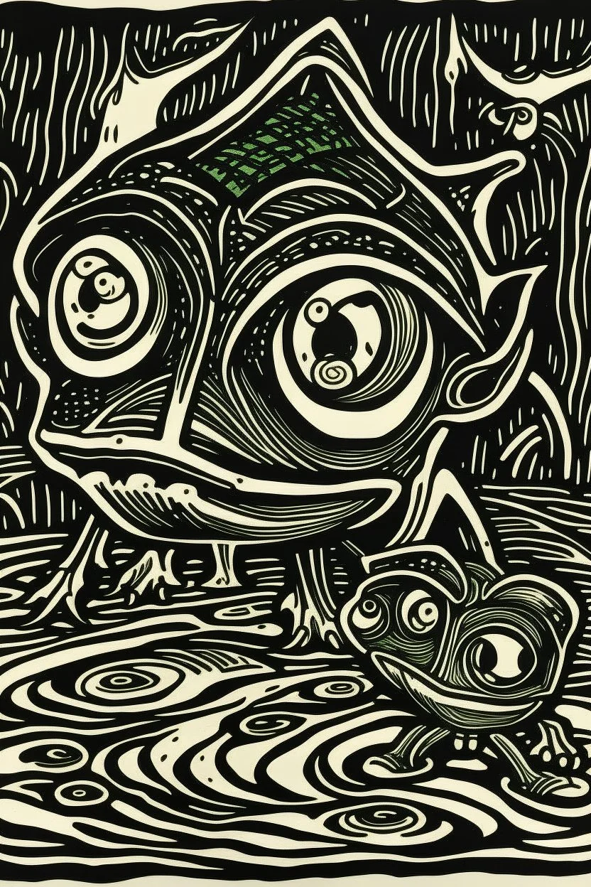 Linocut goblin and frog