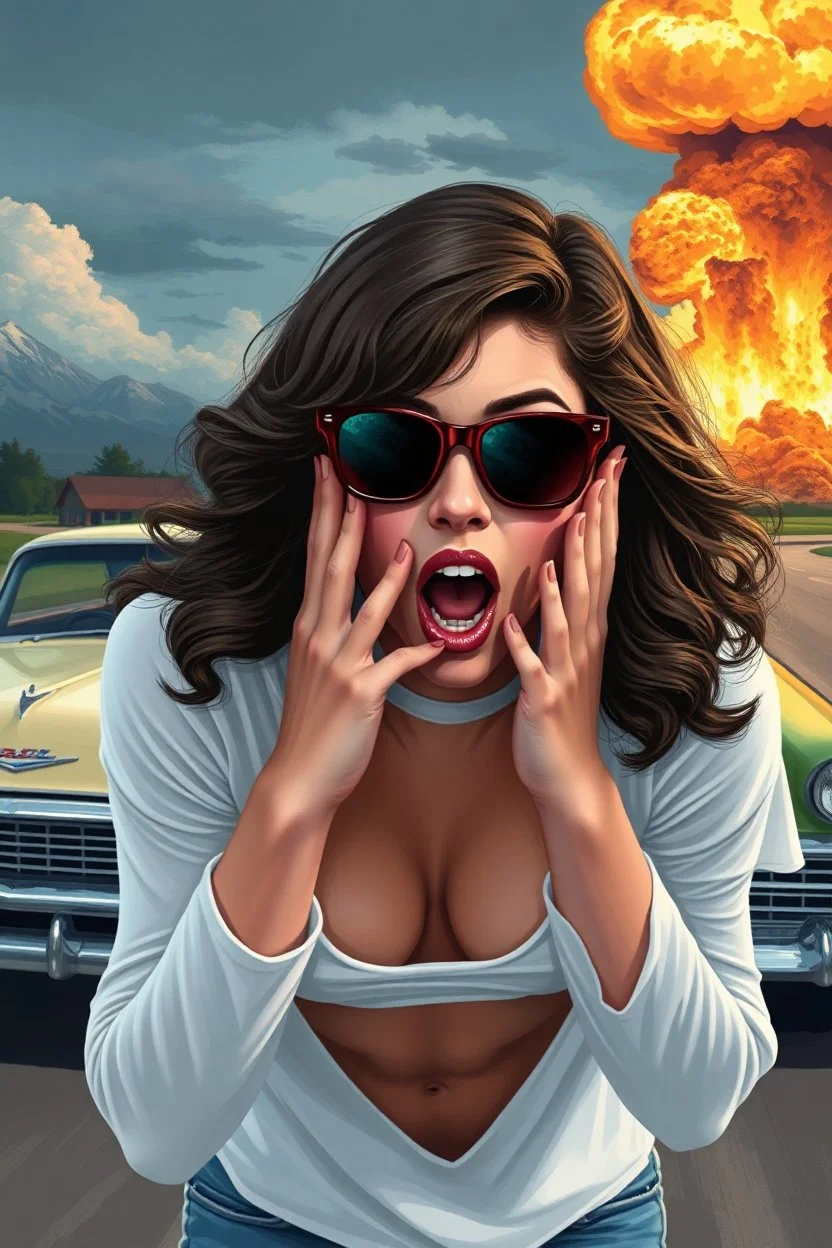 an young woman leaning forward(cropped tightly from between nose and stomach, white top with wide neck opening, cleavage, hands at face with surprised expression, home alone scream, wavy hair, large cheep sunglasses), nuclear explosion and classic Cars in background, greaser, digital painted illustration