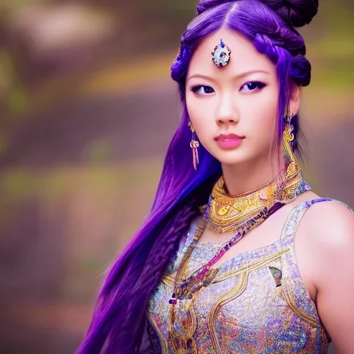 beautiful asian queen with purple armor, delicate cyan braided hair, green glass eyes, white flowing dress, highly detailed, 8k, ambient light, taylor swift