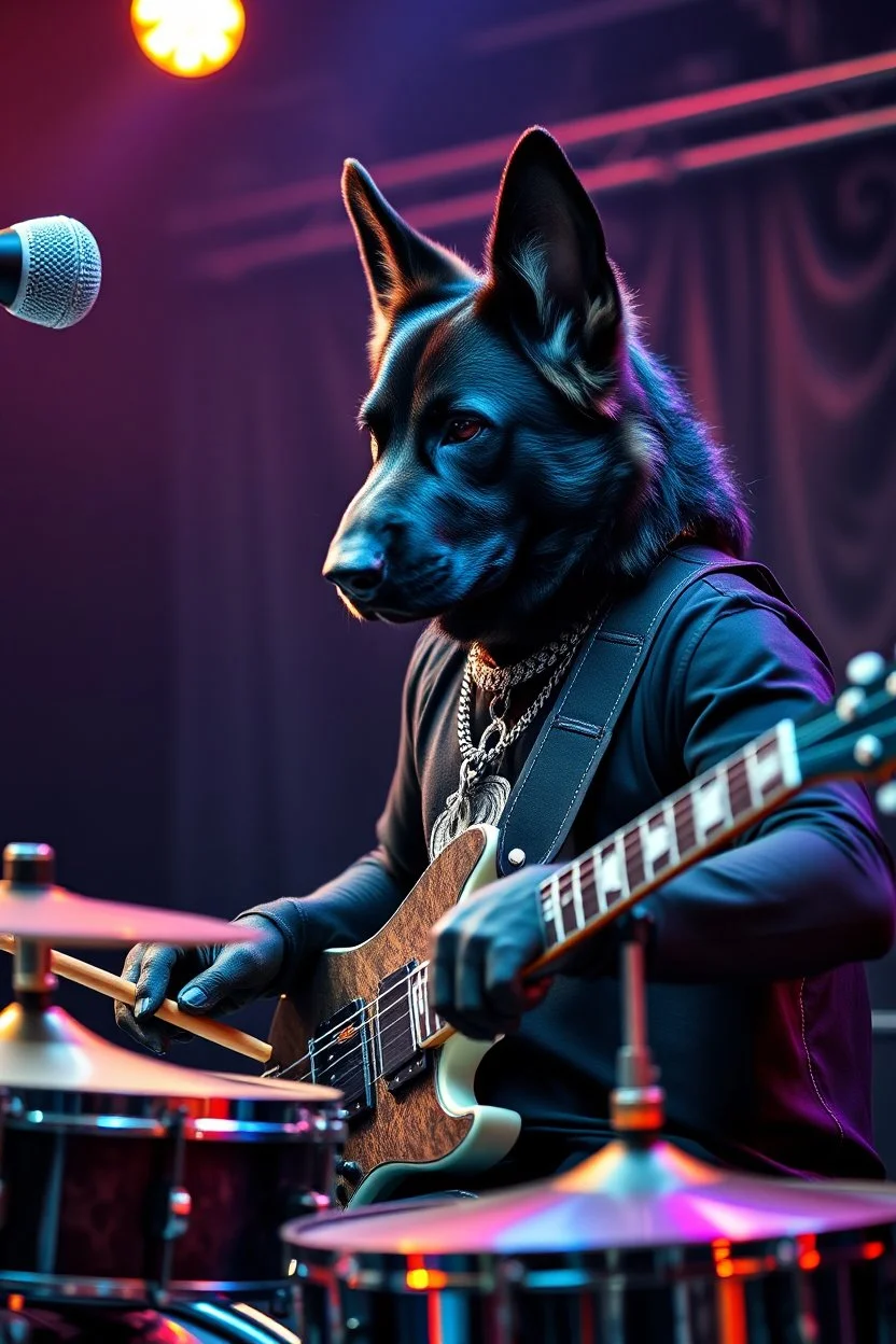 Portrait of a dark german shepherd dark skin male wearing a black clothes with full human body playing the drums in a rock band