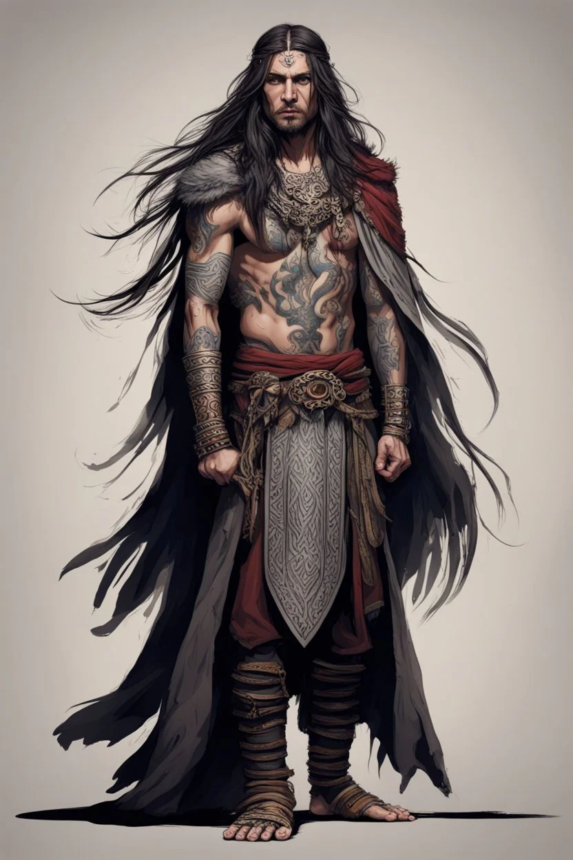 long haired warrior with tribal tattoos and cloak