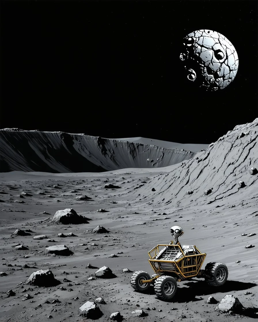 High-altitude lunar reconnaissance satellite image of a young impact crater with larger regolith along right ride. A damaged metallic alien sphere with fracture lines like an egg. organic growth across regolith and up crater walls. Along the lower frame edge a small modern bare-bones lunar-vehicle sits near the rim with visible wheel tracks. comic pencils