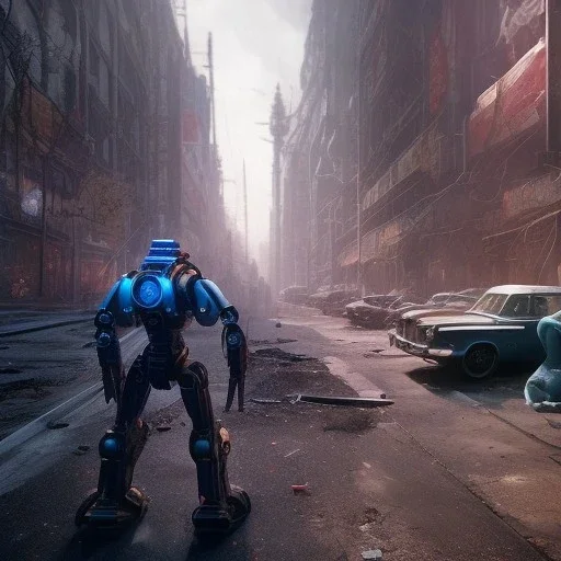 fallout 4 character in action, yohan diniz(fast walker) as robot in the streets of cyberpunk city , cracks in ground, hospital, unreal, oil painting, chalk, clay, vox model