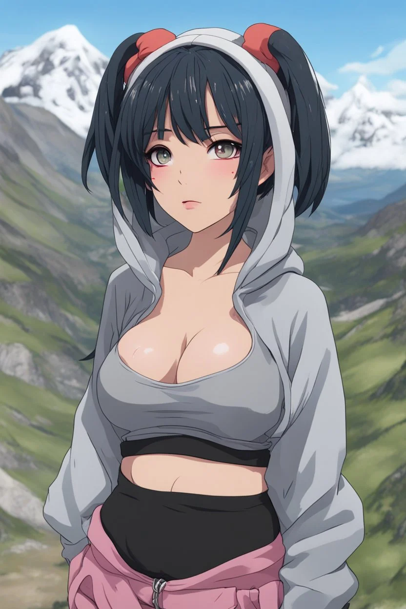 Bulba goth, croppedhoodie, underboob, mountainous horizon, 1girl, bulma, bangs, black hair, blind, grey eyes, hair between eyes, hair bun, hairband, short hair, cropped hoodie underboob, cropped hoodieunderboobhoodie