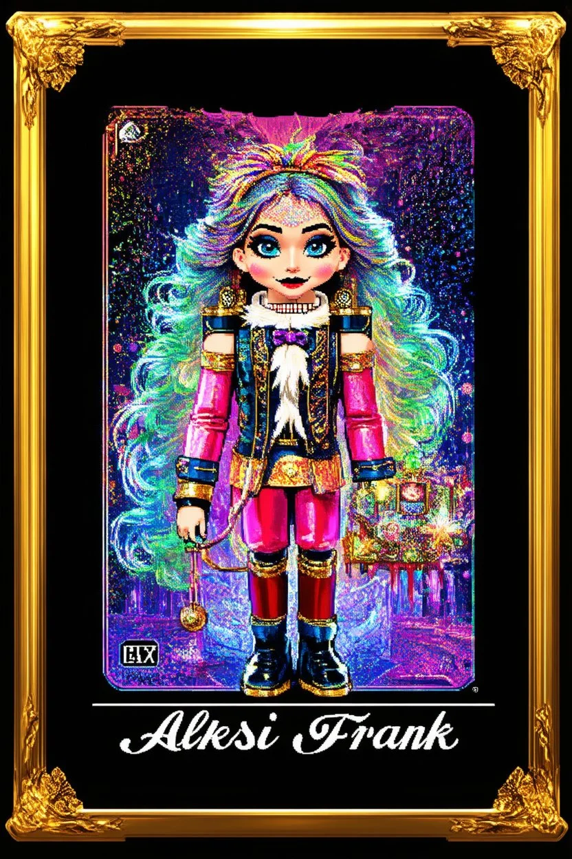 Centered, Ornate, Collectable Trading Card of lisa frank pattern fantasy character portrait of Crisp Digital Art, holiday nutcracker by Aleksi Briclot, T-Shirt Design, Black Background, Detailed Frame, Border, in SNES arcade game, ultra realistic, wide angle, intricate details, retro Nintendo bitmap pixel art, highly detailed by peter mohrbacher, wayne barlowe, , hajime sorayama aaron horkey, gaston bussiere, craig mullins