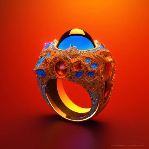 Ring made by wood roots and shreds of glass, orange diamonds sparkles, red rubi fragments around, blue lights reflexes, complex structure, gold details, intricate ring pattern,Unreal Engine 5, lens macro,sharp focus, realistic, hyper detailed, studio lighting, neon light ambient,