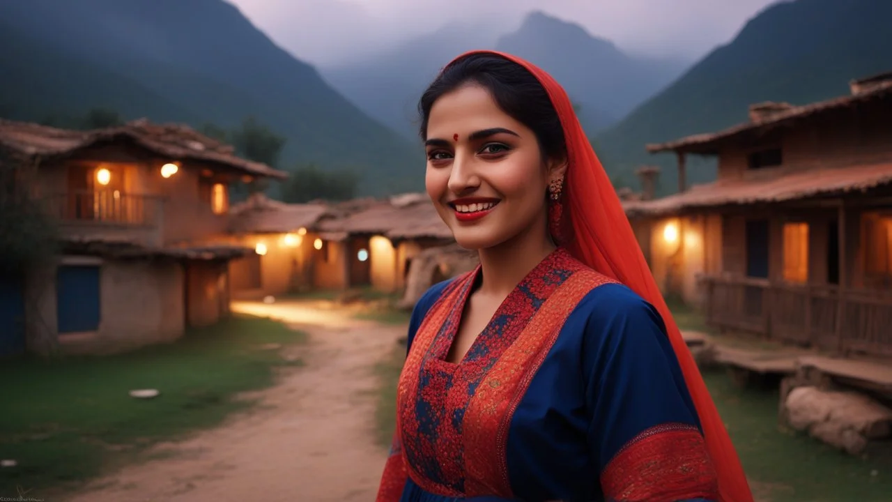 (Photographic Close View) The image should depict a serene evening scene of a traditional Pakistani village at beautiful dark rainy night, featuring a (closeup face view of a) young happy woman whirling wearing a navy-blue checkered dress with red embroidery, surrounded by rustic houses, thick trees and breathtaking mountain landscapes, bathed in soft golden light and dramatic hues of orange, pink, and purple.