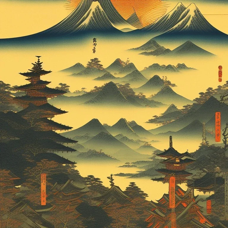 Ukiyo-e, mountains, sun