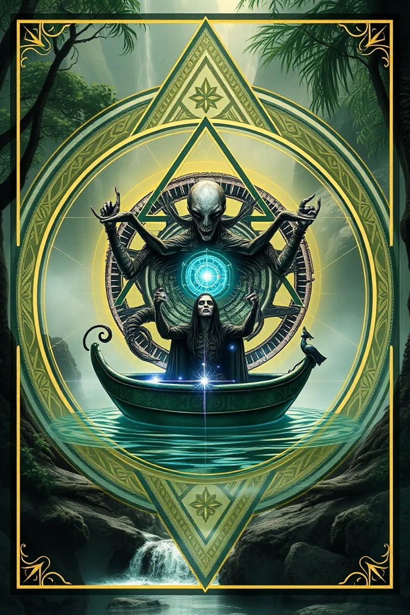 sacred geometry framed action figure card of a crucified alien necrophyte electric eel necromancer on round swamp transparent glass obcidian boat beholder eye wheel throne in a charged foggy jungle waterfall, with withered filmgrain