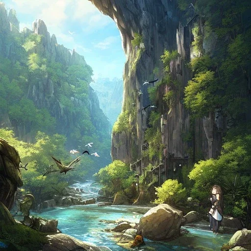 anime girl praying, rock trees, birds, creek