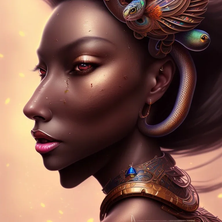 sango fantasy, fantasy magic, intricate, sharp focus, illustration, highly detailed, digital painting, concept art, matte, masterpiece snake head sexy lady body black African beauty peacock wearing African hair more head background