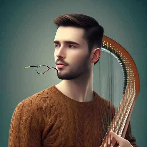 man playing harp, brown hair, sweater, music