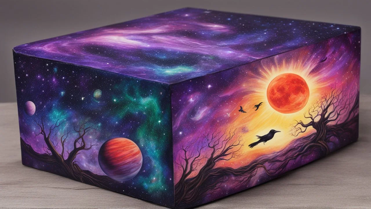 a box 10 cm long by 5 cm wide and 25 cm high, drawn on a box on all sides, space, tress, planets, crow galaxies a lot of colours purple, green and red, portal in the sun, realistic