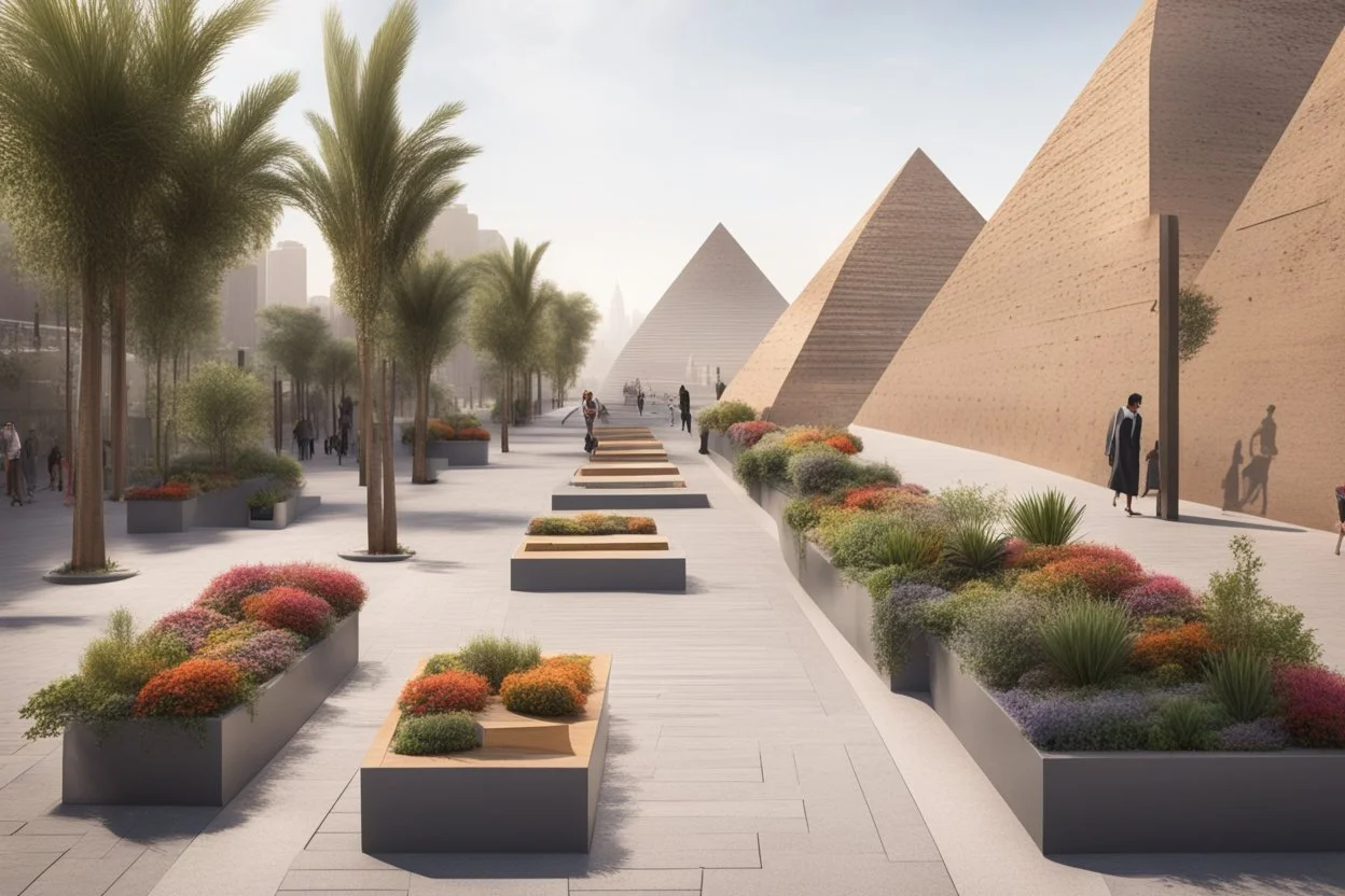 urban design tourist walkway with the pyramids , moder street seating , planters , Bazaar