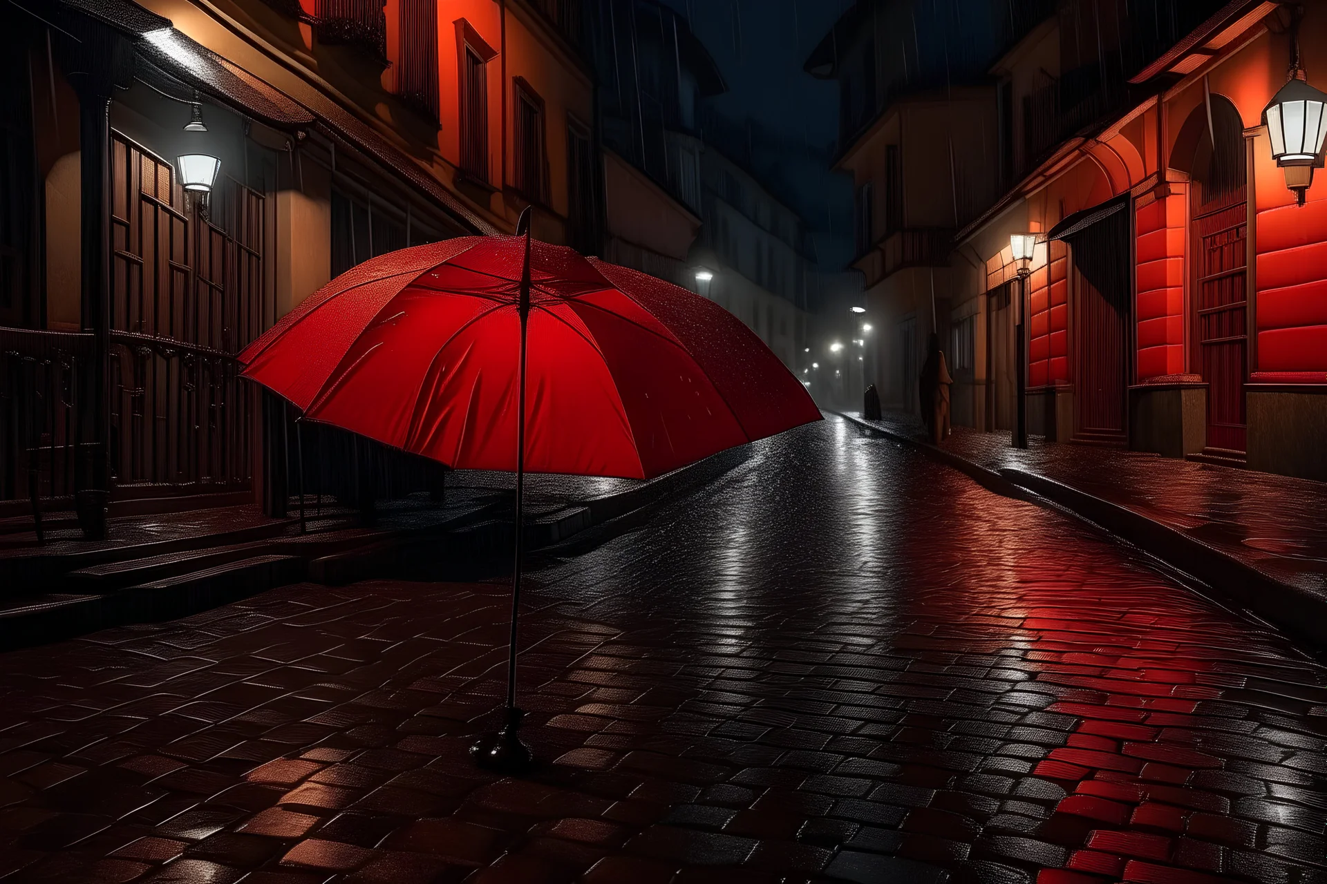 under a red umbrella, it's raining hard, it's night, lights from shops and a nearby hotel, cobblestone floor, city square, 16K, realistic photography