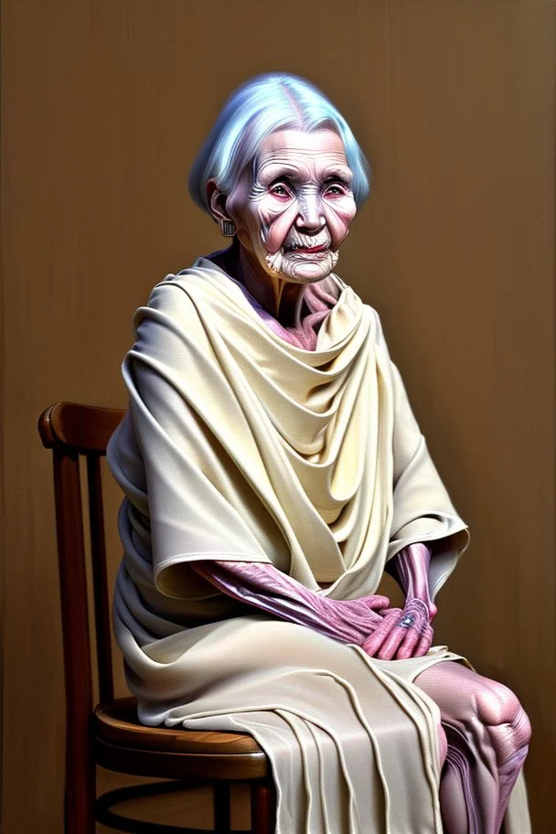 an old wrinkled woman sitting on a wooden chair, half dressed in dropped cloth, she is on display in a high end white art gallery, she is quite and no emotions, the original painting of Venus is on display on the wall, .ultra realistic photo,. highly detailed 32k, strange and weird modern art creation, surrealistic image