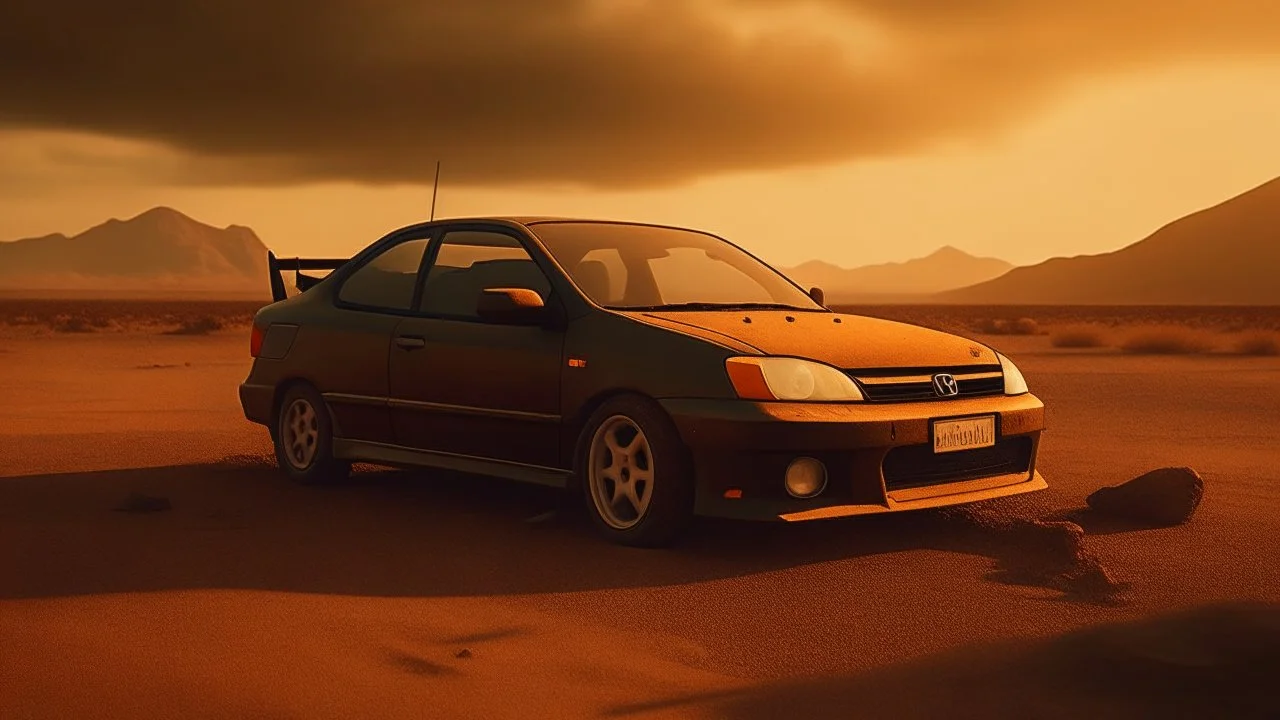 Capture a stunning and realistic photograph featuring a 1998 black and rusty Honda Civic in a post-apocalyptic desert road enveloped by a sandstorm. Employ a post-apocalyptic photography style to authentically depict the rugged and desolate atmosphere. Ensure the scene vividly evokes the essence of a transformed world, with the weathered Honda Civic standing resilient amid the harsh conditions of the desert and swirling sandstorm.