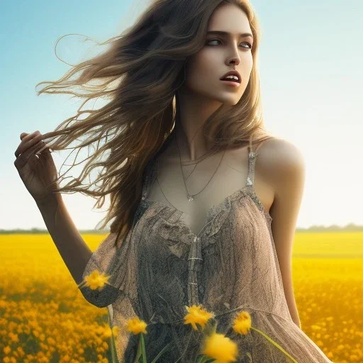 Woman, barefoot, flower field, dancing, windy, plain dress, beautiful face, long brown hair