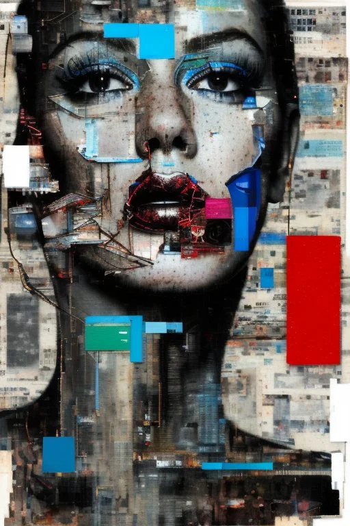 Ultra detailed medium portrait painting of a beautiful woman, she is crying and upset, masking tape on her mouth, blue brushed eye, torn up collage of clippings, broken circuitry background, matrix effects, punk visual art, punk art aesthetic, graffiti art, pop surrealism, collage art, cluttered paint glitches