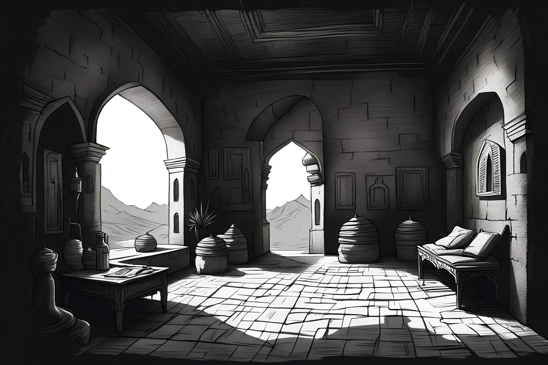 generate an image dark room in Omani old castle like a sketch draw minimal style black and white pencil style, a lot of items around.