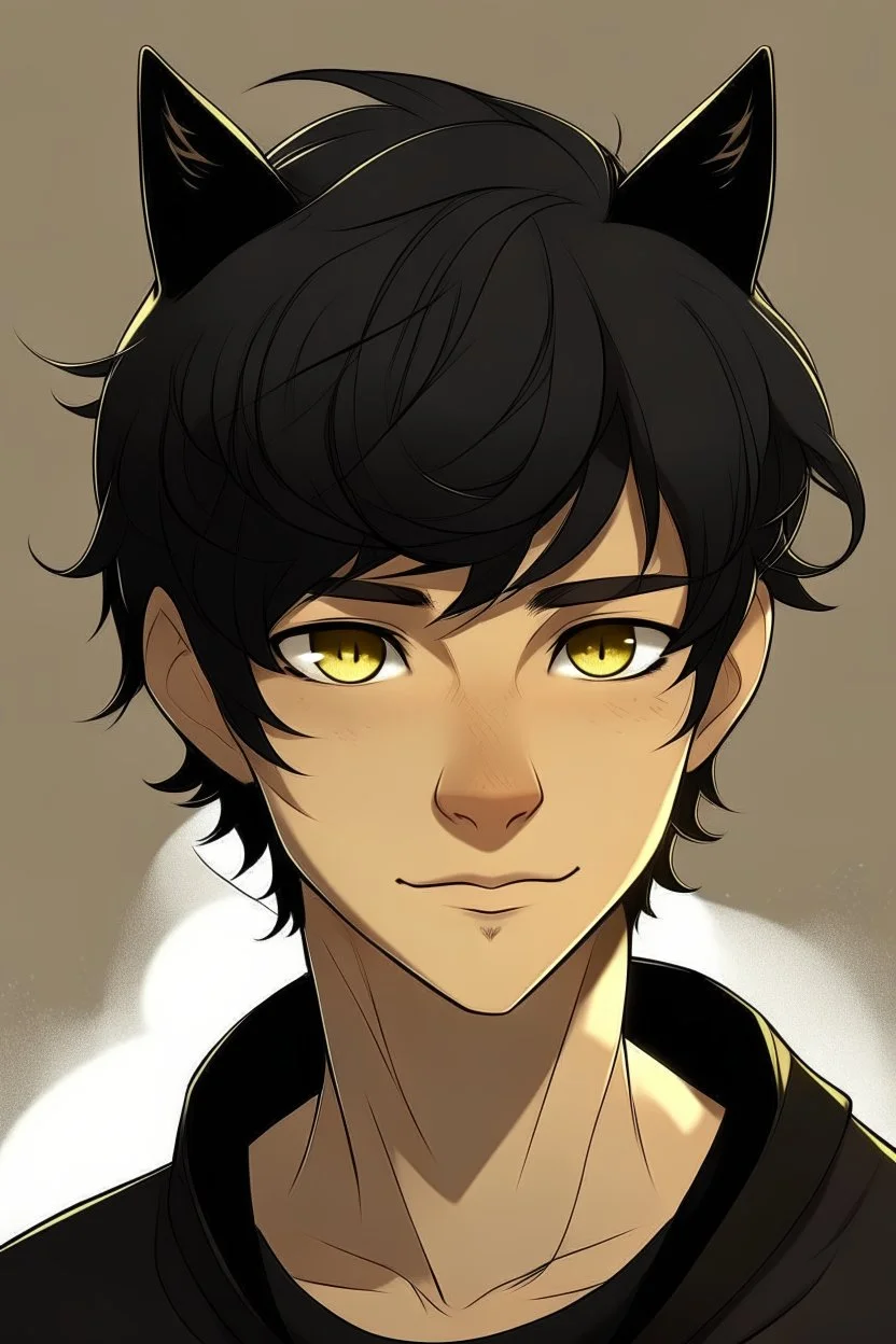 At young male with messy black hair, gold eyes, large black cat ears, slight smile, tan skin